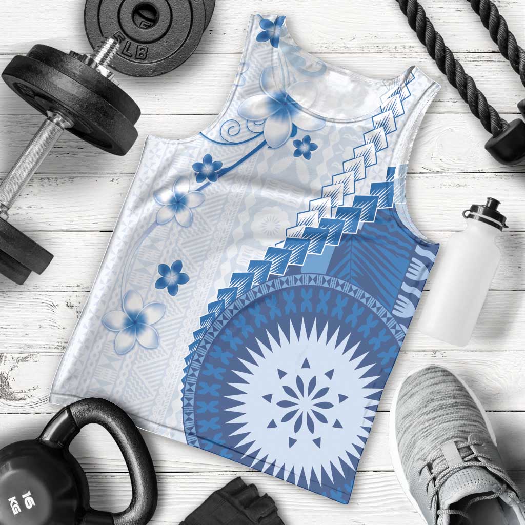 Bula Fiji Men Tank Top Blue Plumeria Masi Tapa Pattern - Polynesian Pride