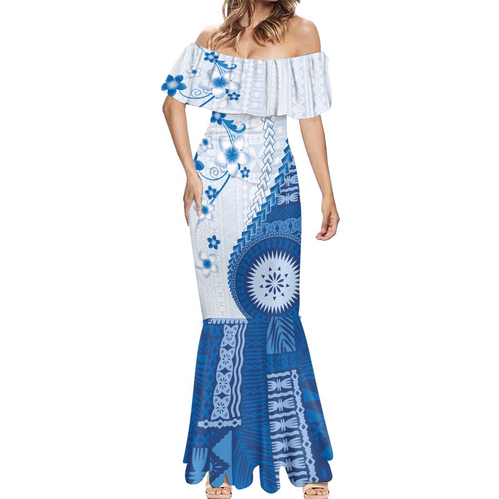 Bula Fiji Mermaid Dress Blue Plumeria Masi Tapa Pattern - Polynesian Pride