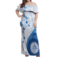 Bula Fiji Off Shoulder Maxi Dress Blue Plumeria Masi Tapa Pattern LT05 Women Blue - Polynesian Pride