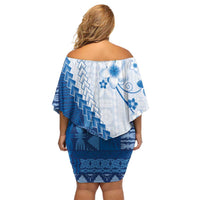 Bula Fiji Off Shoulder Short Dress Blue Plumeria Masi Tapa Pattern - Polynesian Pride