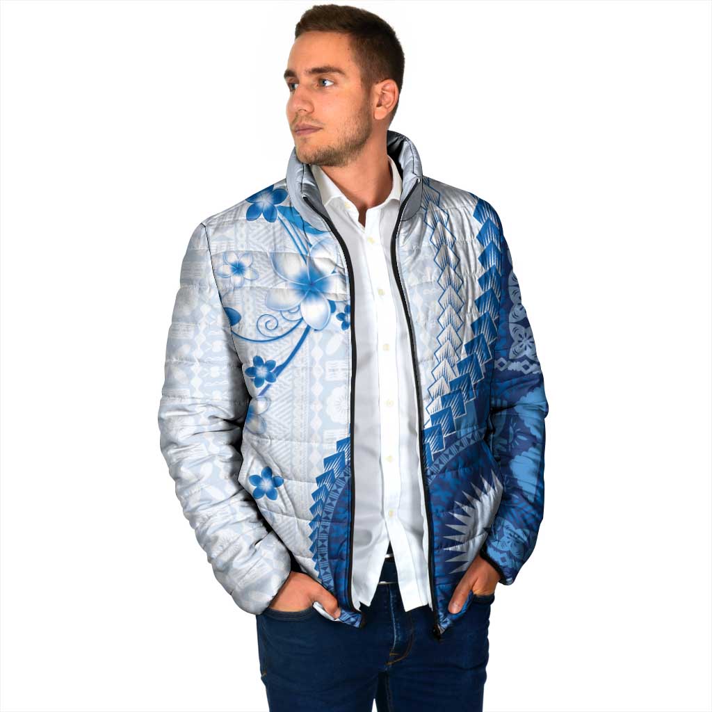 Bula Fiji Padded Jacket Blue Plumeria Masi Tapa Pattern LT05 - Polynesian Pride