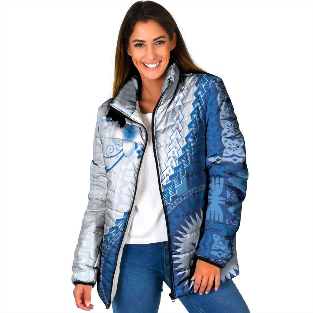 Bula Fiji Padded Jacket Blue Plumeria Masi Tapa Pattern LT05 Women Blue - Polynesian Pride