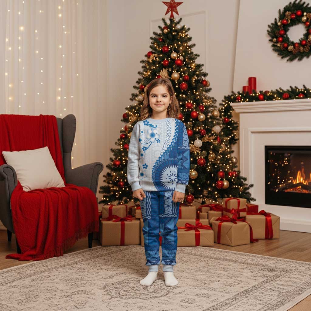 Bula Fiji Christmas Pajama Set Blue Plumeria Masi Tapa Pattern - Polynesian Pride