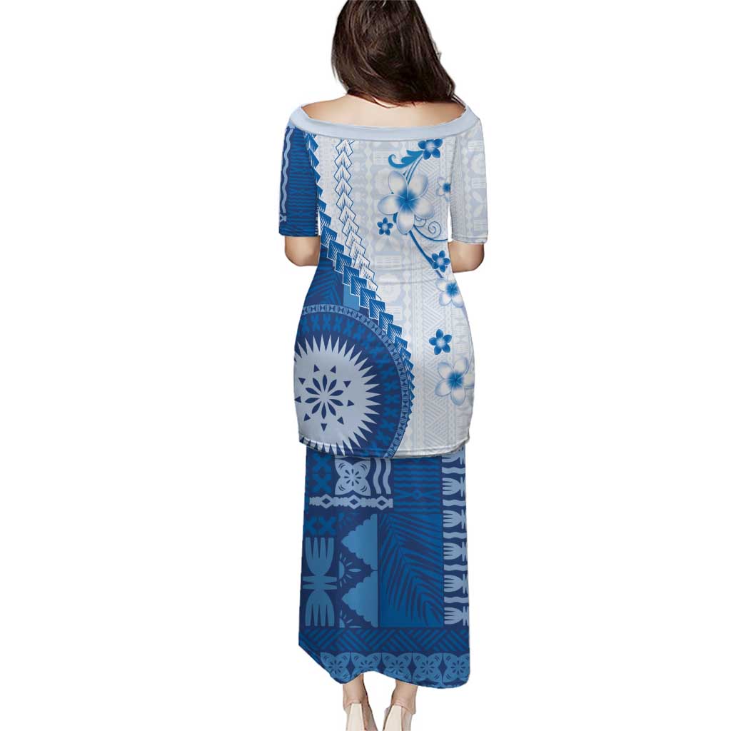 Bula Fiji Puletasi Blue Plumeria Masi Tapa Pattern - Polynesian Pride