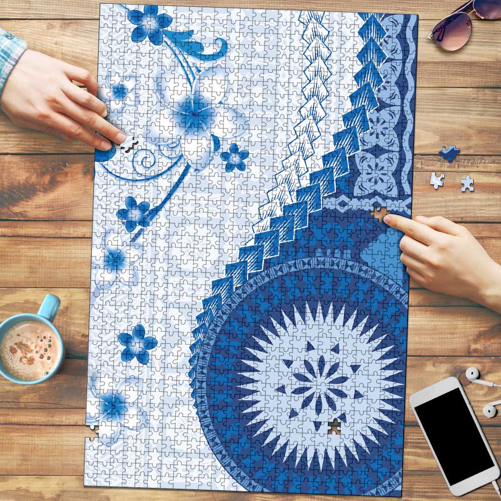 Bula Fiji Puzzle Blue Plumeria Masi Tapa Pattern LT05 Blue - Polynesian Pride