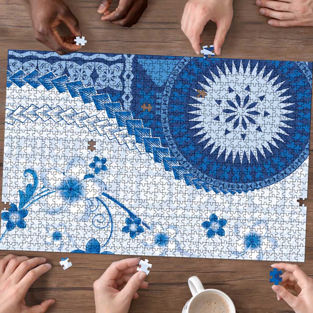 Bula Fiji Puzzle Blue Plumeria Masi Tapa Pattern LT05 - Polynesian Pride