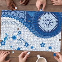 Bula Fiji Puzzle Blue Plumeria Masi Tapa Pattern LT05 - Polynesian Pride