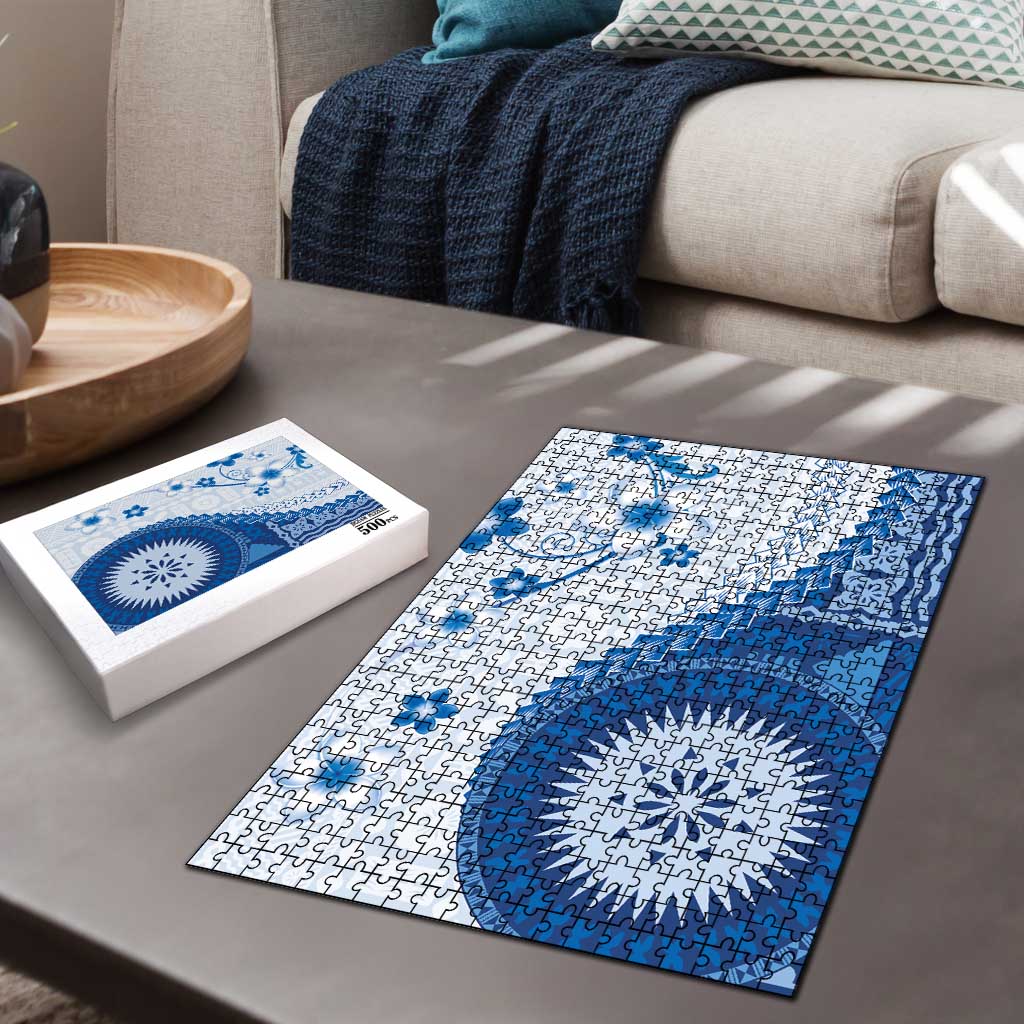 Bula Fiji Puzzle Blue Plumeria Masi Tapa Pattern LT05 - Polynesian Pride