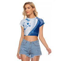 Bula Fiji Raglan Cropped T Shirt Blue Plumeria Masi Tapa Pattern - Polynesian Pride