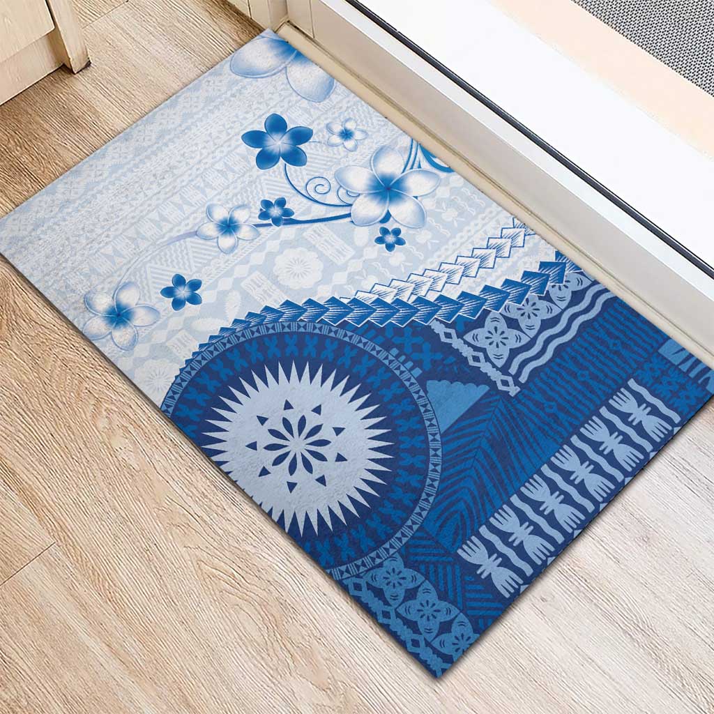 Bula Fiji Rubber Doormat Blue Plumeria Masi Tapa Pattern LT05 - Polynesian Pride