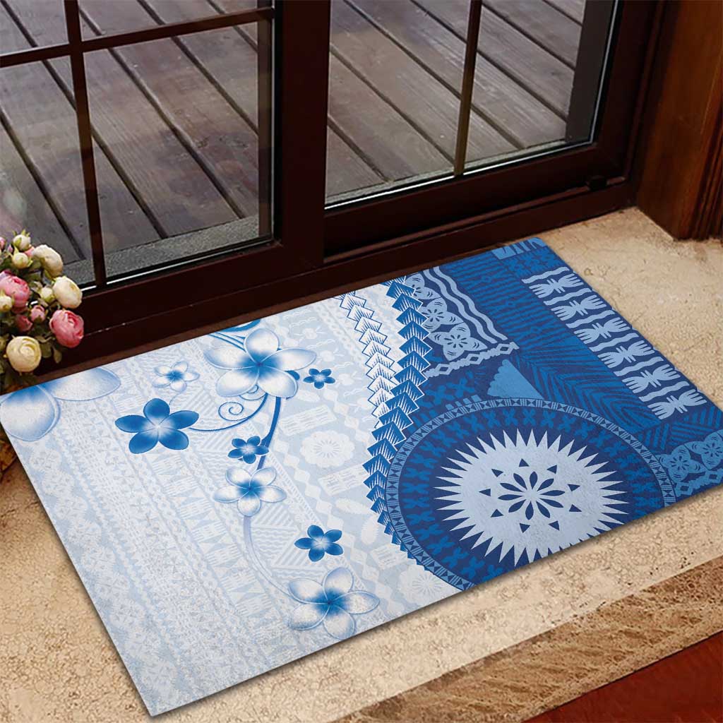 Bula Fiji Rubber Doormat Blue Plumeria Masi Tapa Pattern LT05 - Polynesian Pride