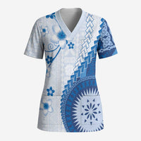 Bula Fiji Scrub Top Blue Plumeria Masi Tapa Pattern LT05 Adult Blue - Polynesian Pride