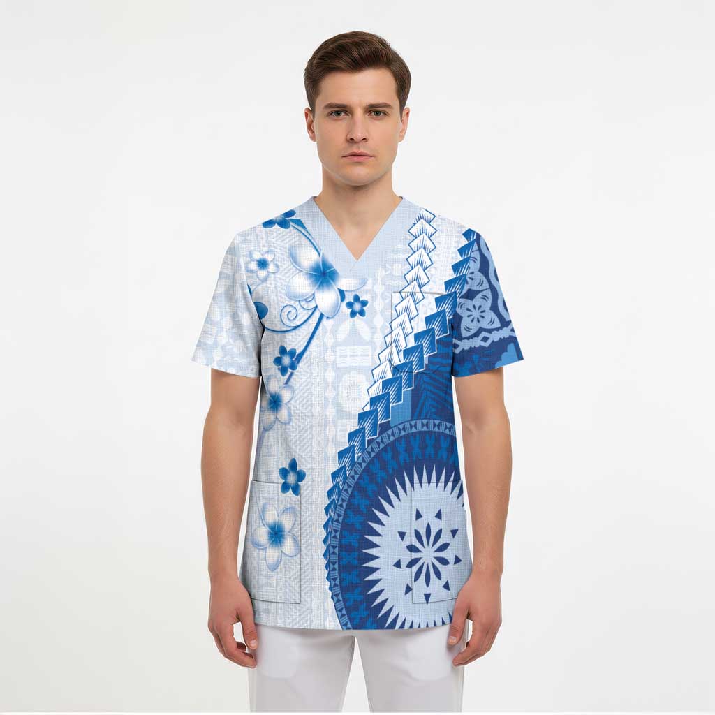 Bula Fiji Scrub Top Blue Plumeria Masi Tapa Pattern LT05 - Polynesian Pride