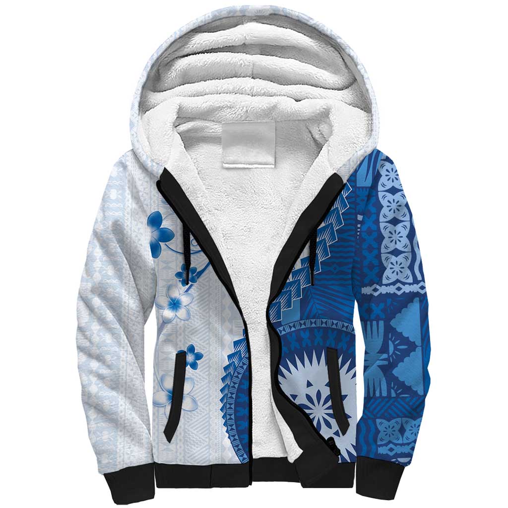 Bula Fiji Sherpa Hoodie Blue Plumeria Masi Tapa Pattern - Polynesian Pride