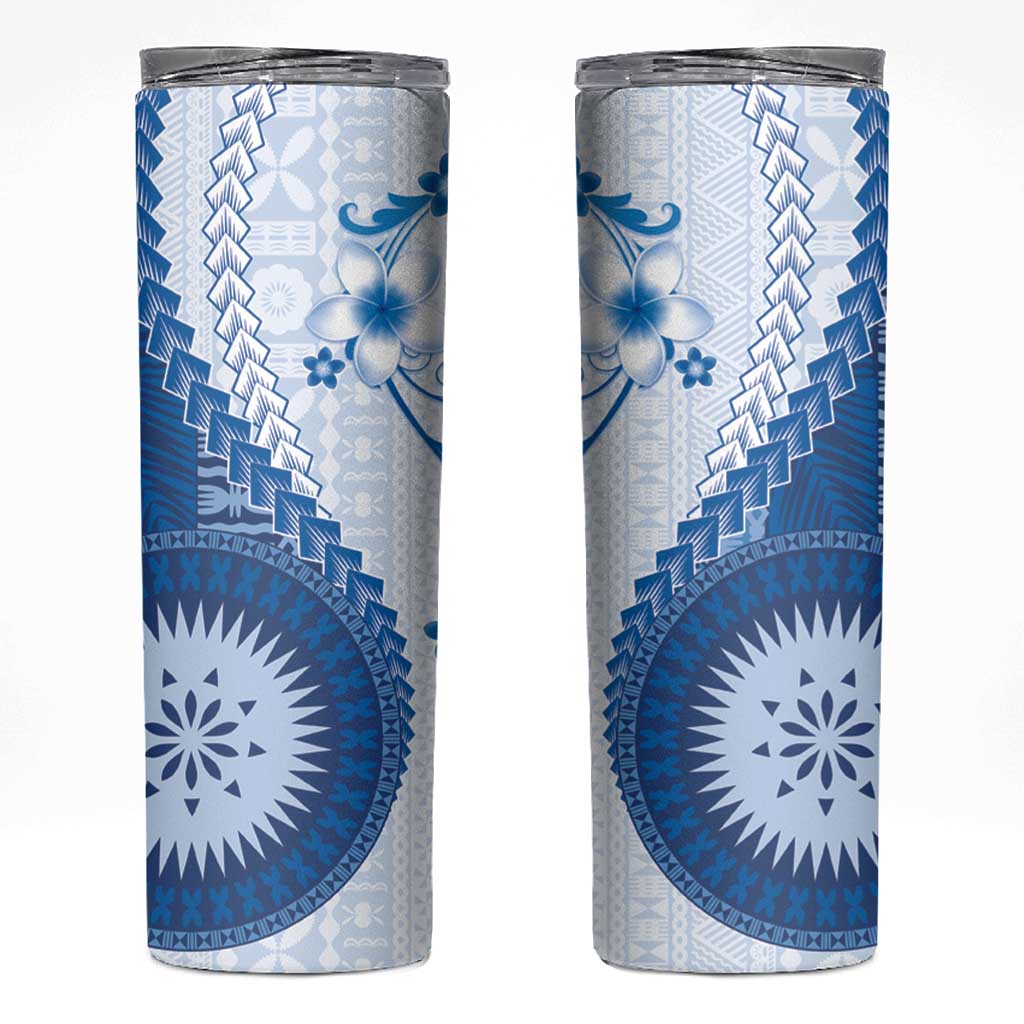 Bula Fiji Skinny Tumbler Blue Plumeria Masi Tapa Pattern - Polynesian Pride