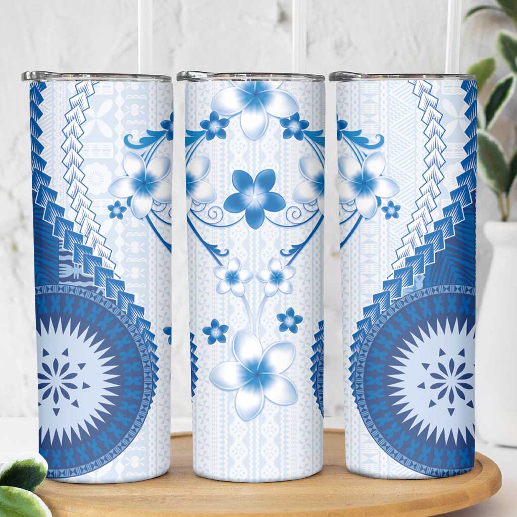 Bula Fiji Skinny Tumbler Blue Plumeria Masi Tapa Pattern - Polynesian Pride