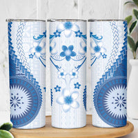 Bula Fiji Skinny Tumbler Blue Plumeria Masi Tapa Pattern - Polynesian Pride