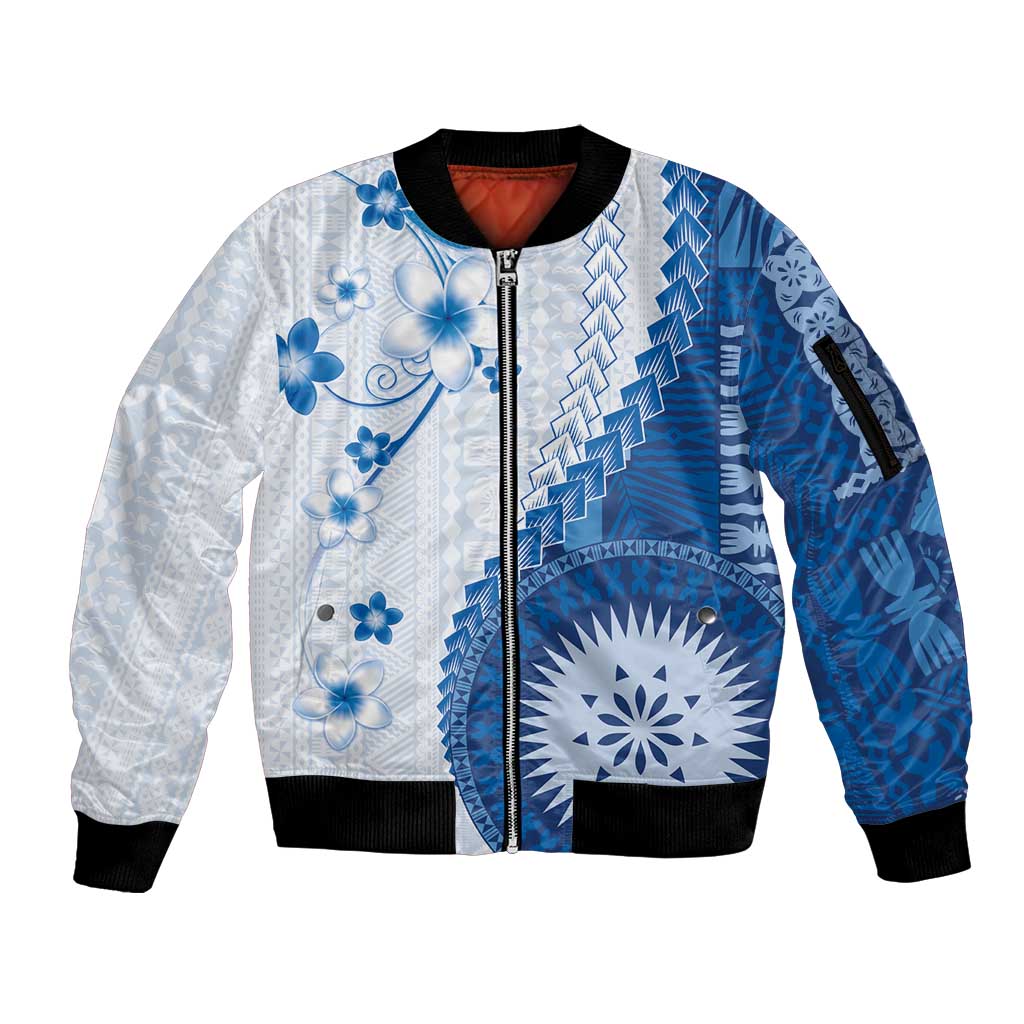 Bula Fiji Sleeve Zip Bomber Jacket Blue Plumeria Masi Tapa Pattern LT05 Unisex Blue - Polynesian Pride
