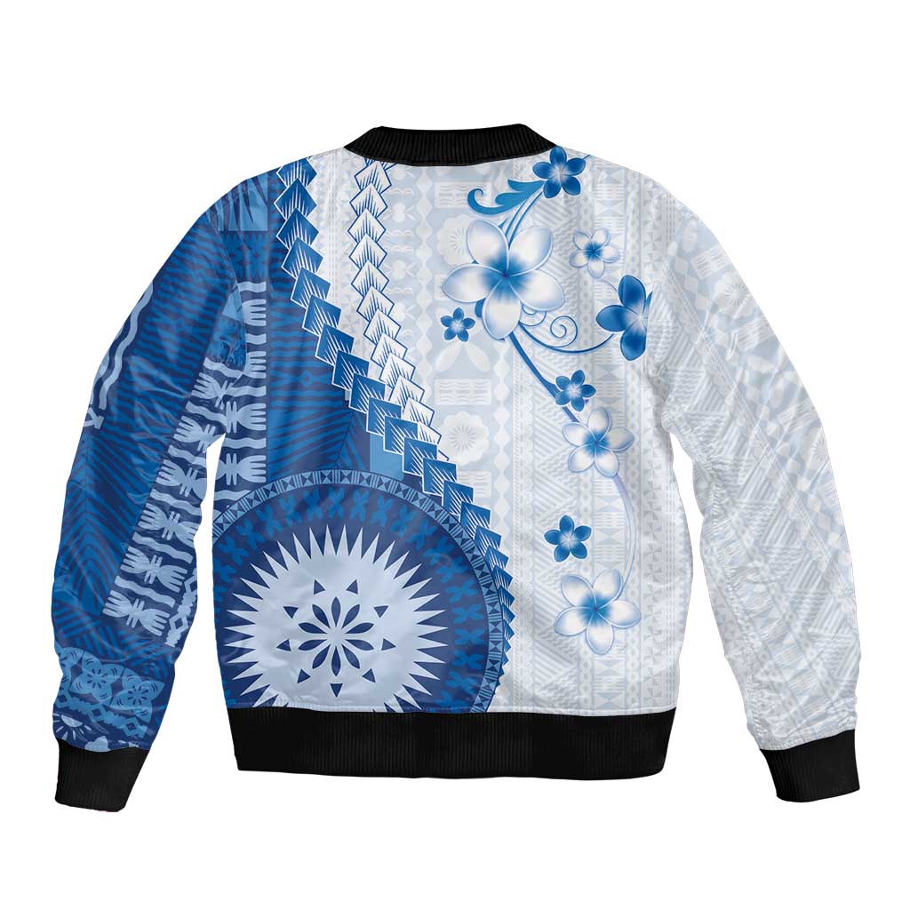Bula Fiji Sleeve Zip Bomber Jacket Blue Plumeria Masi Tapa Pattern LT05 - Polynesian Pride