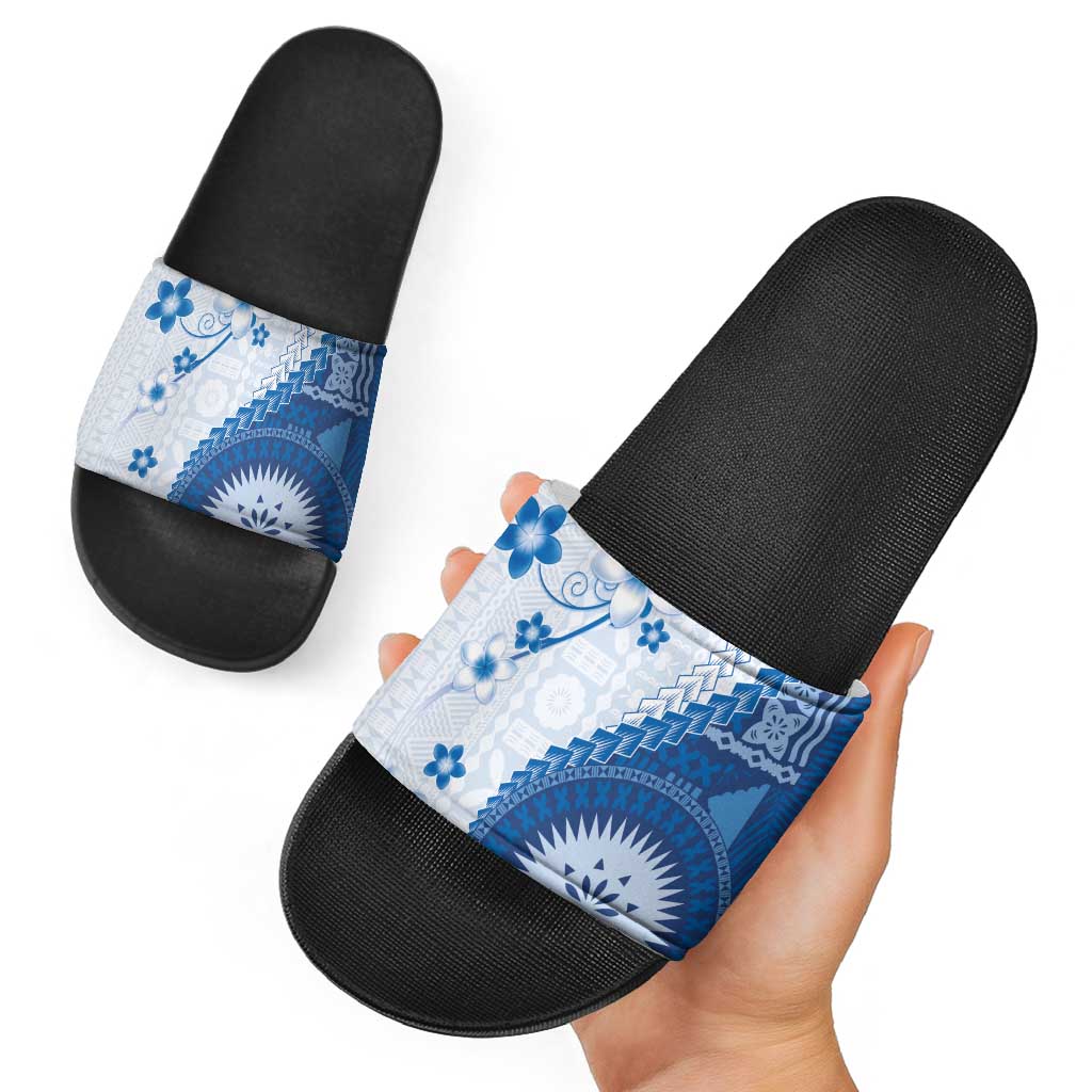 Bula Fiji Slide Sandals Blue Plumeria Masi Tapa Pattern LT05 - Polynesian Pride