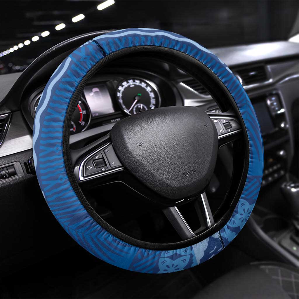 Bula Fiji Steering Wheel Cover Blue Plumeria Masi Tapa Pattern LT05 Universal Fit Blue - Polynesian Pride