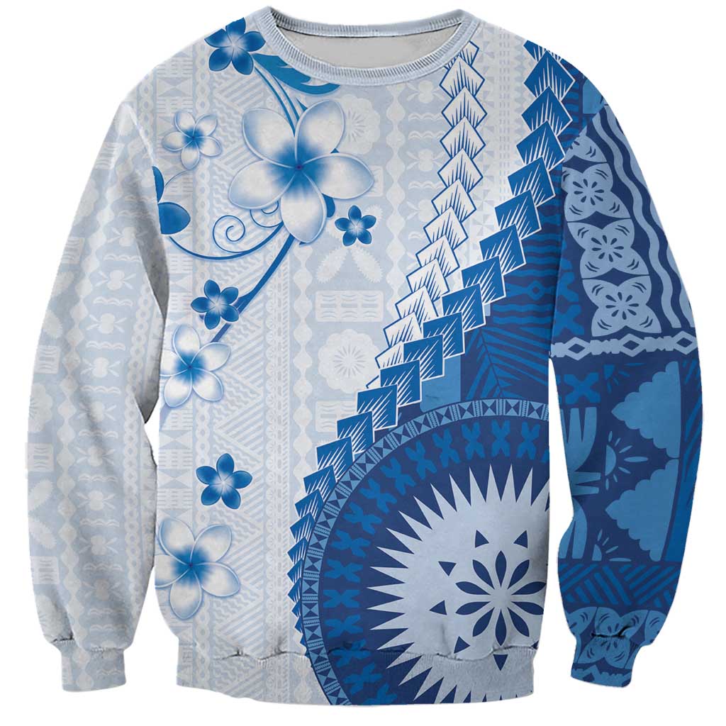 Bula Fiji Sweatshirt Blue Plumeria Masi Tapa Pattern - Polynesian Pride