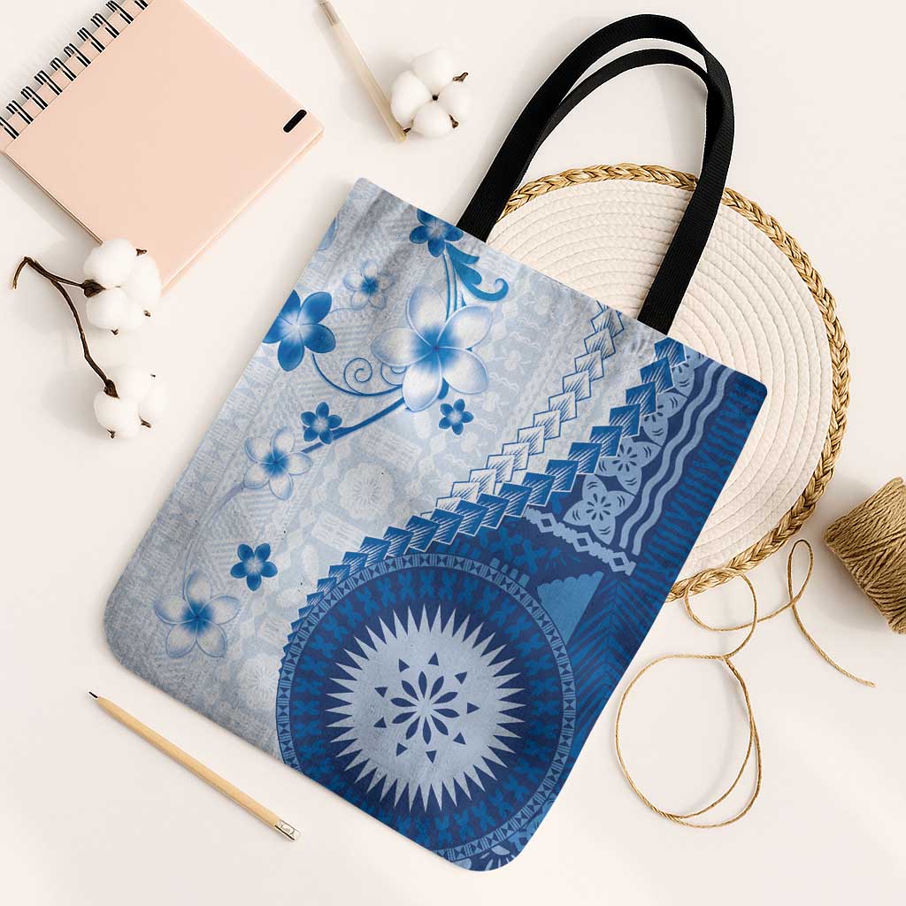 Bula Fiji Tote Bag Blue Plumeria Masi Tapa Pattern LT05 Black Strap One Size Blue - Polynesian Pride
