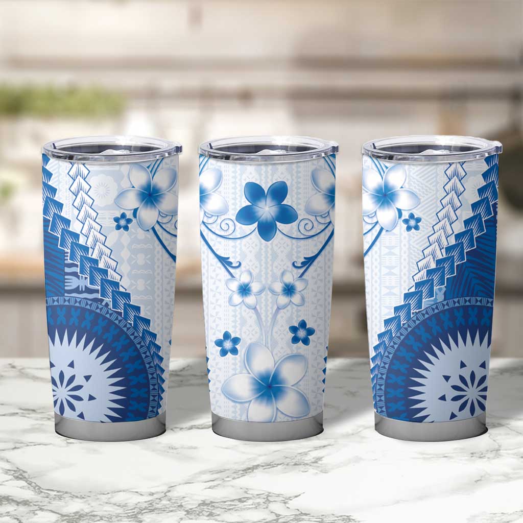 Bula Fiji Tumbler Cup Blue Plumeria Masi Tapa Pattern LT05 - Polynesian Pride