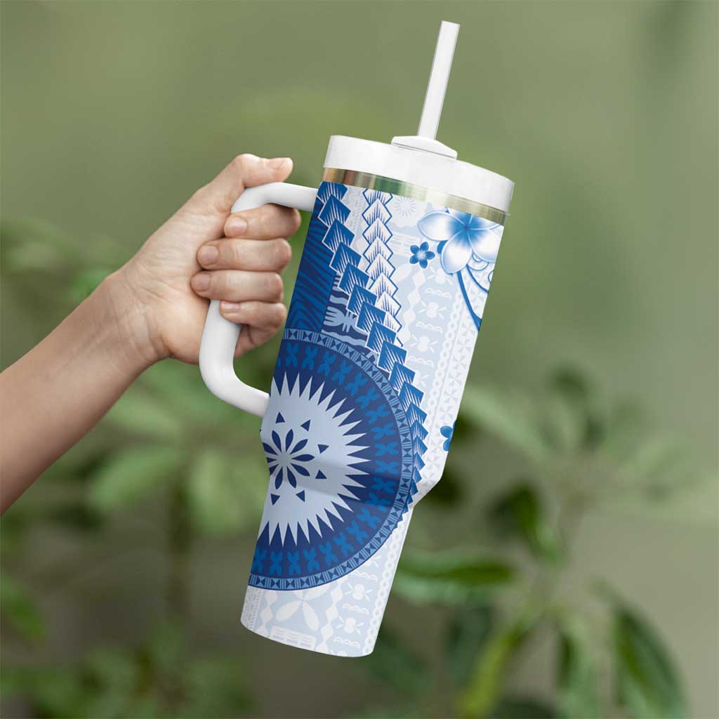 Bula Fiji Tumbler With Handle Blue Plumeria Masi Tapa Pattern LT05 - Polynesian Pride