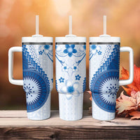 Bula Fiji Tumbler With Handle Blue Plumeria Masi Tapa Pattern LT05 - Polynesian Pride