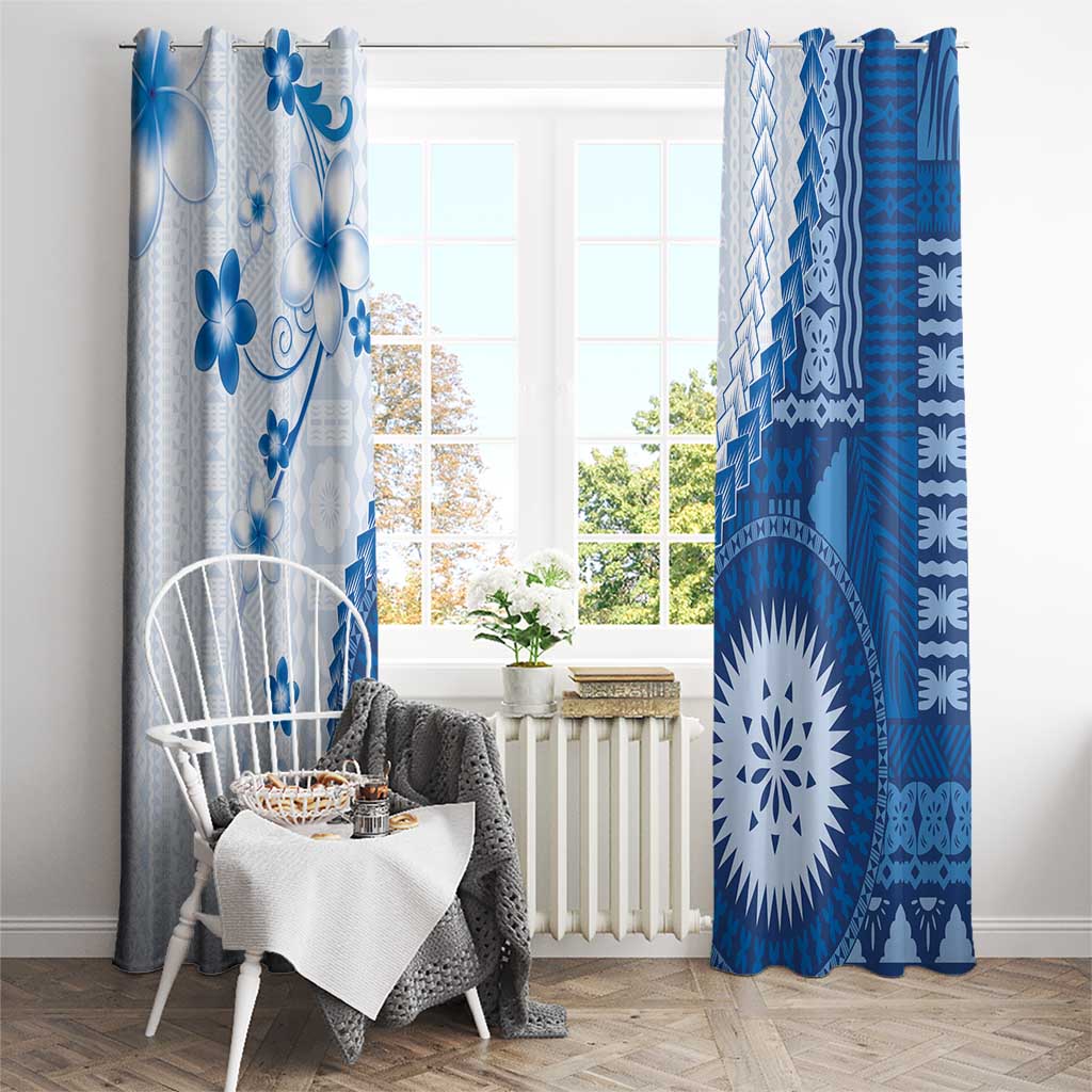 Bula Fiji Window Curtain Blue Plumeria Masi Tapa Pattern LT05 - Polynesian Pride