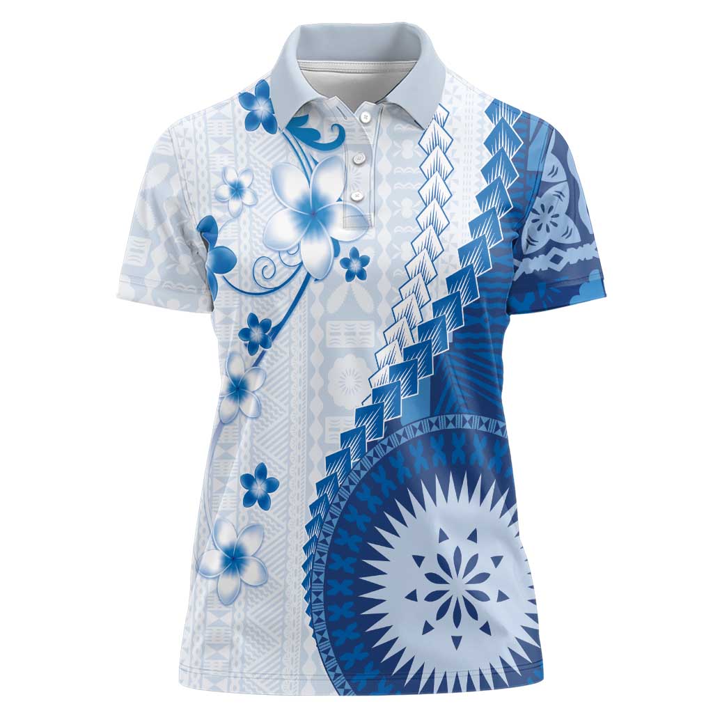 Bula Fiji Women Polo Shirt Blue Plumeria Masi Tapa Pattern LT05 Female Blue - Polynesian Pride