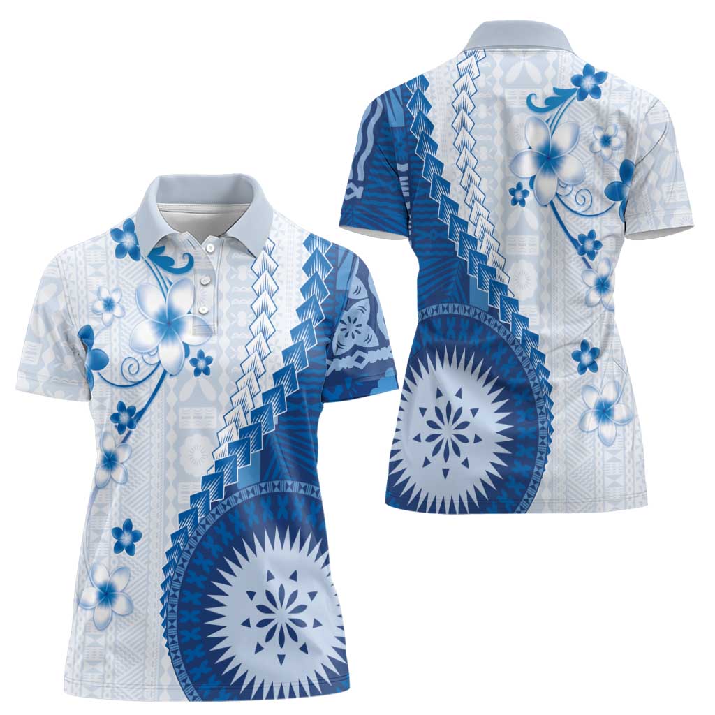 Bula Fiji Women Polo Shirt Blue Plumeria Masi Tapa Pattern LT05 - Polynesian Pride