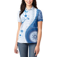 Bula Fiji Women Polo Shirt Blue Plumeria Masi Tapa Pattern LT05 - Polynesian Pride