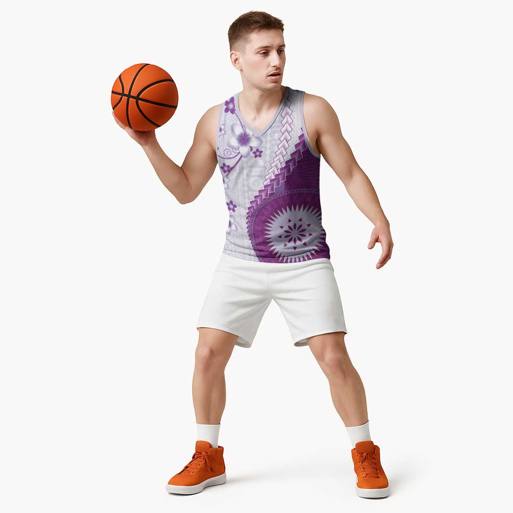 Bula Fiji Basketball Jersey Violet Plumeria Masi Tapa Pattern - Polynesian Pride