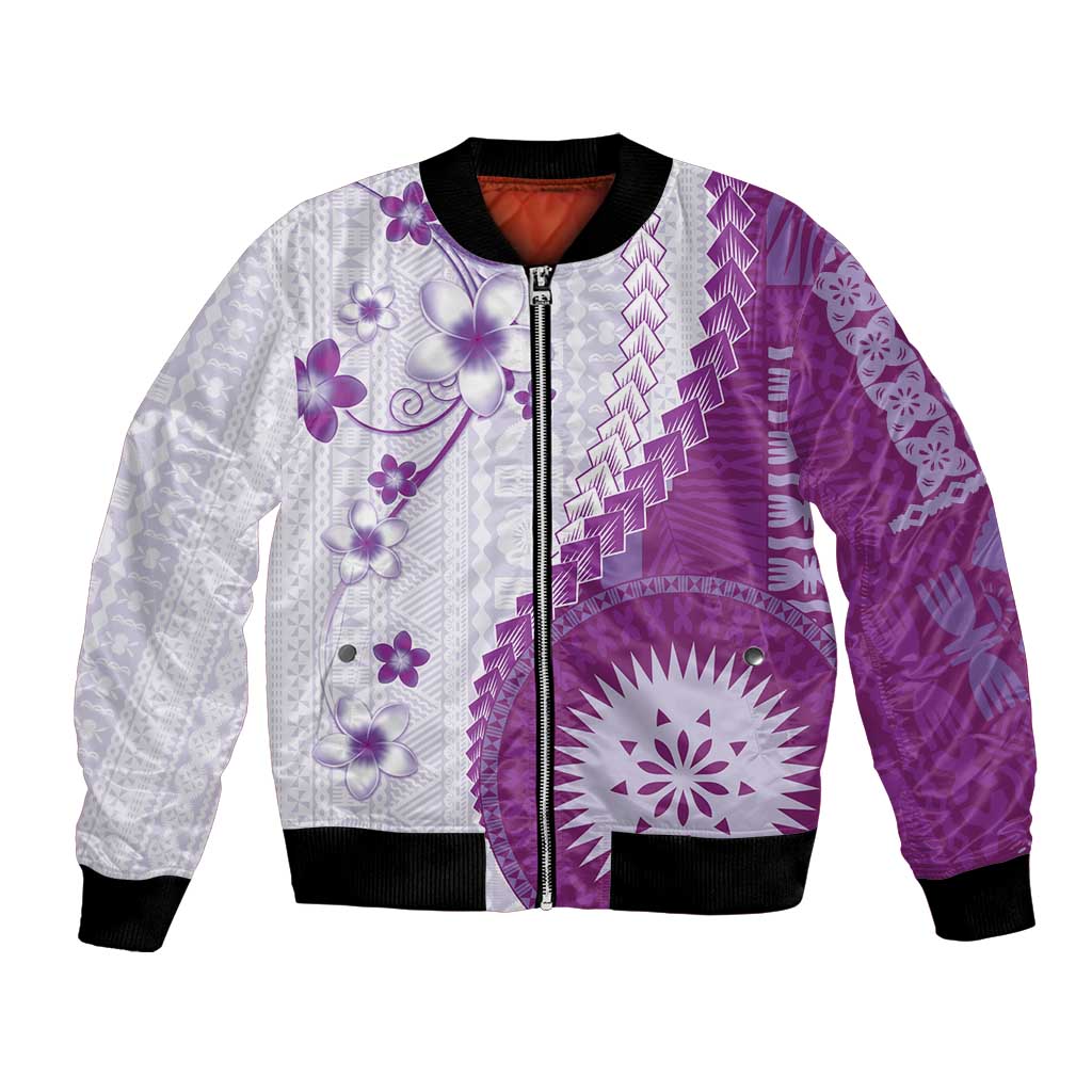 Bula Fiji Bomber Jacket Violet Plumeria Masi Tapa Pattern LT05 Unisex Violet - Polynesian Pride
