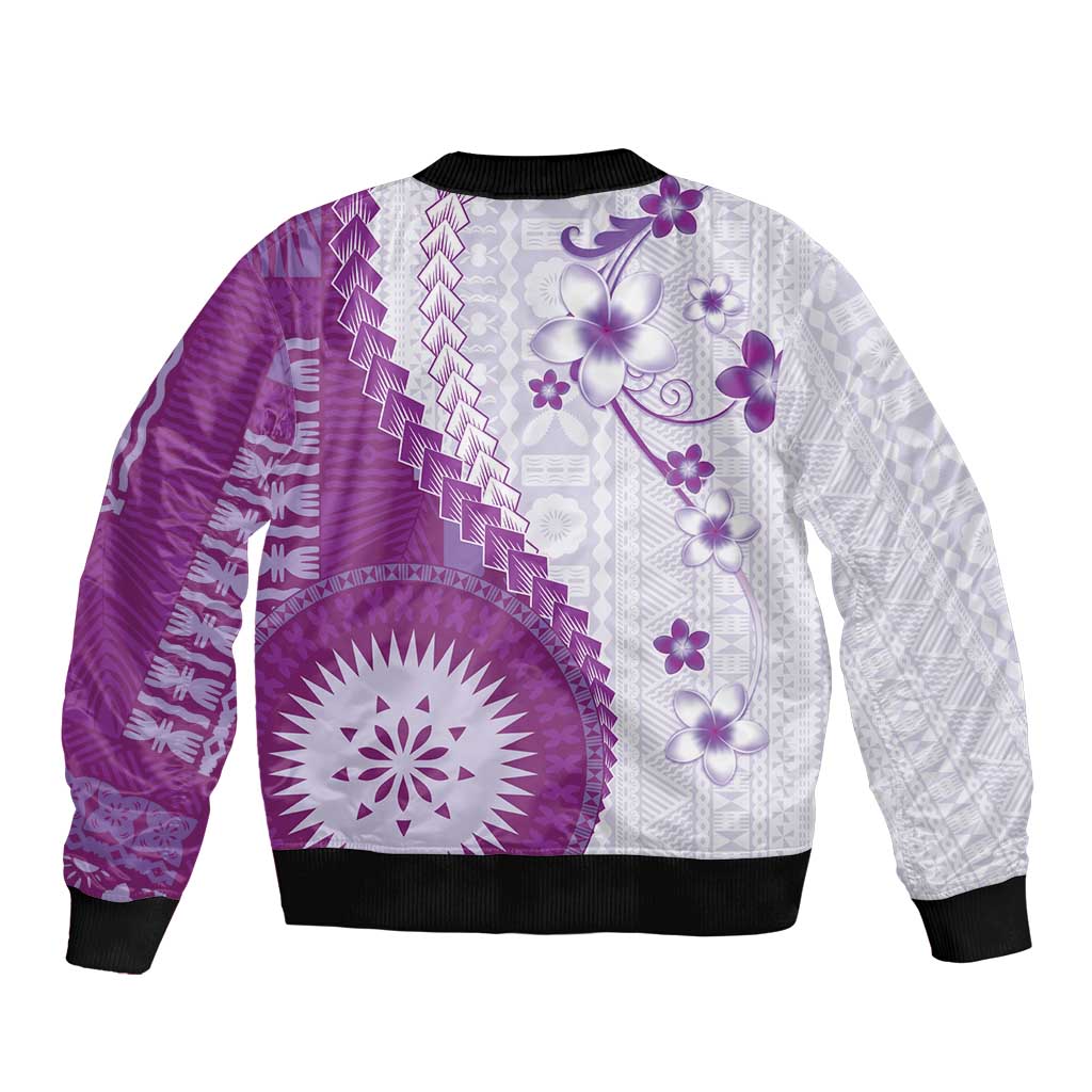 Bula Fiji Bomber Jacket Violet Plumeria Masi Tapa Pattern LT05 - Polynesian Pride
