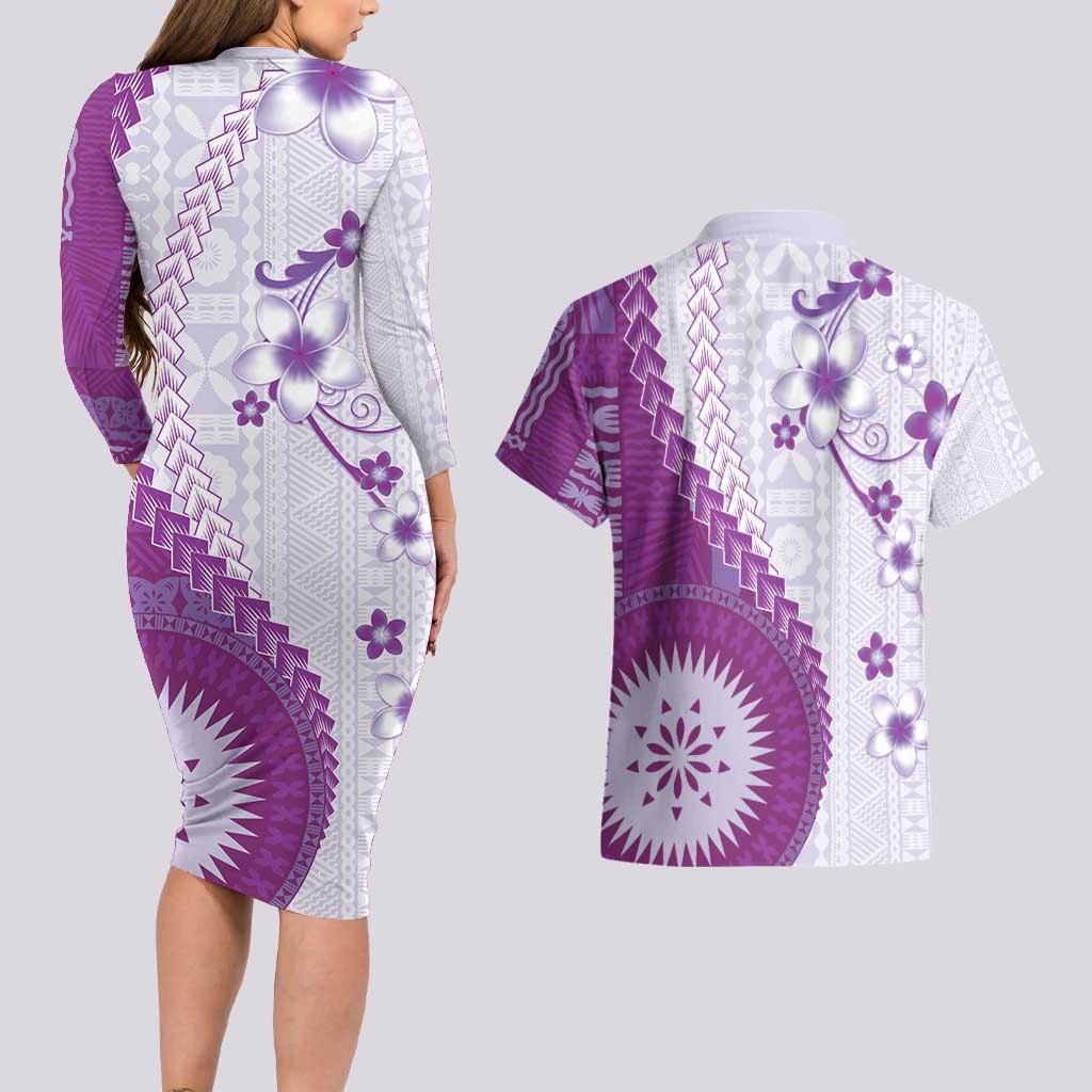 Bula Fiji Couples Matching Long Sleeve Bodycon Dress and Hawaiian Shirt Violet Plumeria Masi Tapa Pattern - Polynesian Pride