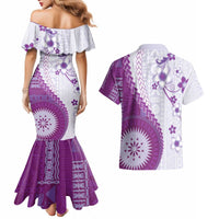Bula Fiji Couples Matching Mermaid Dress and Hawaiian Shirt Violet Plumeria Masi Tapa Pattern - Polynesian Pride