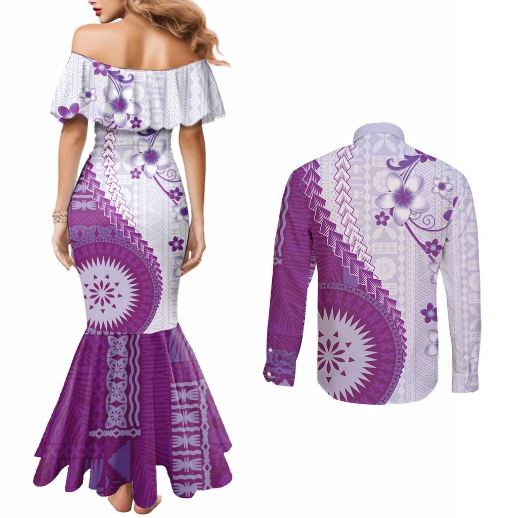 Bula Fiji Couples Matching Mermaid Dress and Long Sleeve Button Shirt Violet Plumeria Masi Tapa Pattern - Polynesian Pride