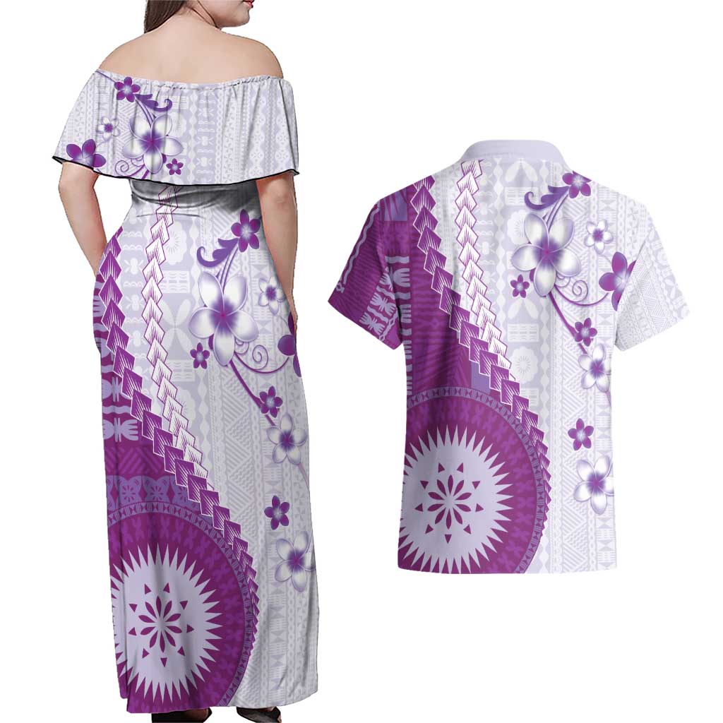 Bula Fiji Couples Matching Off Shoulder Maxi Dress and Hawaiian Shirt Violet Plumeria Masi Tapa Pattern - Polynesian Pride