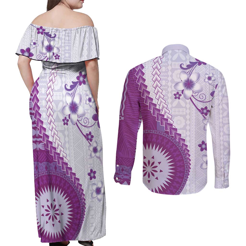 Bula Fiji Couples Matching Off Shoulder Maxi Dress and Long Sleeve Button Shirt Violet Plumeria Masi Tapa Pattern - Polynesian Pride