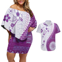 Bula Fiji Couples Matching Off Shoulder Short Dress and Hawaiian Shirt Violet Plumeria Masi Tapa Pattern - Polynesian Pride