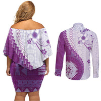 Bula Fiji Couples Matching Off Shoulder Short Dress and Long Sleeve Button Shirt Violet Plumeria Masi Tapa Pattern - Polynesian Pride