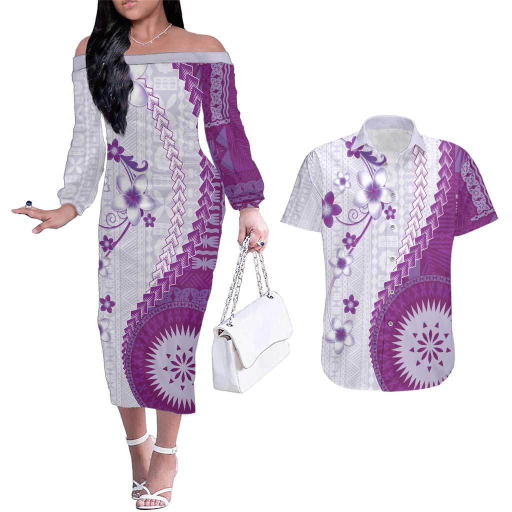 Bula Fiji Couples Matching Off The Shoulder Long Sleeve Dress and Hawaiian Shirt Violet Plumeria Masi Tapa Pattern - Polynesian Pride