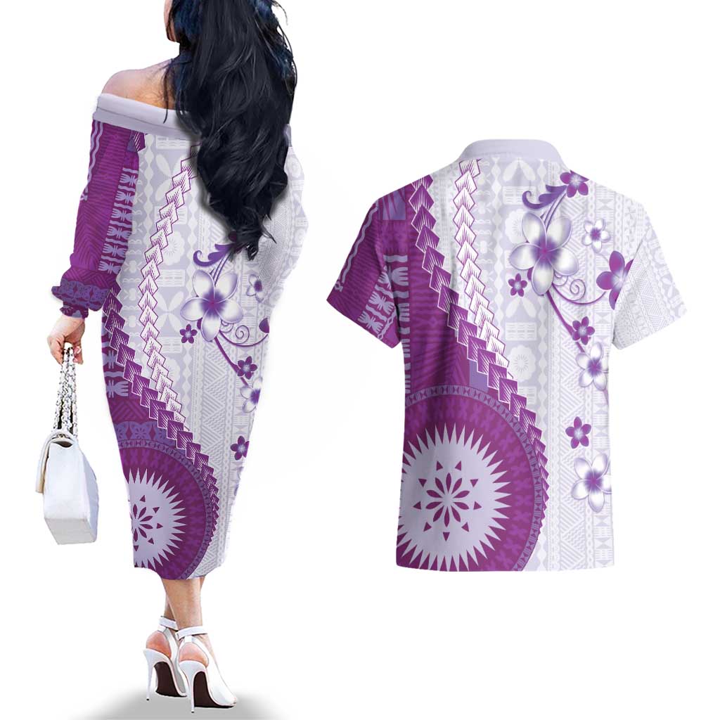 Bula Fiji Couples Matching Off The Shoulder Long Sleeve Dress and Hawaiian Shirt Violet Plumeria Masi Tapa Pattern - Polynesian Pride