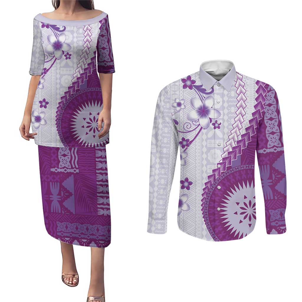 Bula Fiji Couples Matching Puletasi and Long Sleeve Button Shirt Violet Plumeria Masi Tapa Pattern - Polynesian Pride