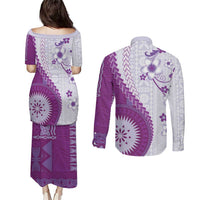 Bula Fiji Couples Matching Puletasi and Long Sleeve Button Shirt Violet Plumeria Masi Tapa Pattern - Polynesian Pride