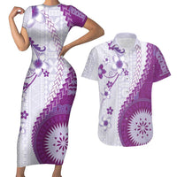 Bula Fiji Couples Matching Short Sleeve Bodycon Dress and Hawaiian Shirt Violet Plumeria Masi Tapa Pattern - Polynesian Pride