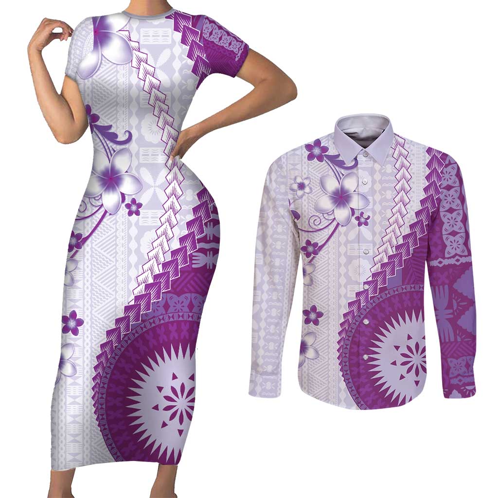 Bula Fiji Couples Matching Short Sleeve Bodycon Dress and Long Sleeve Button Shirt Violet Plumeria Masi Tapa Pattern - Polynesian Pride